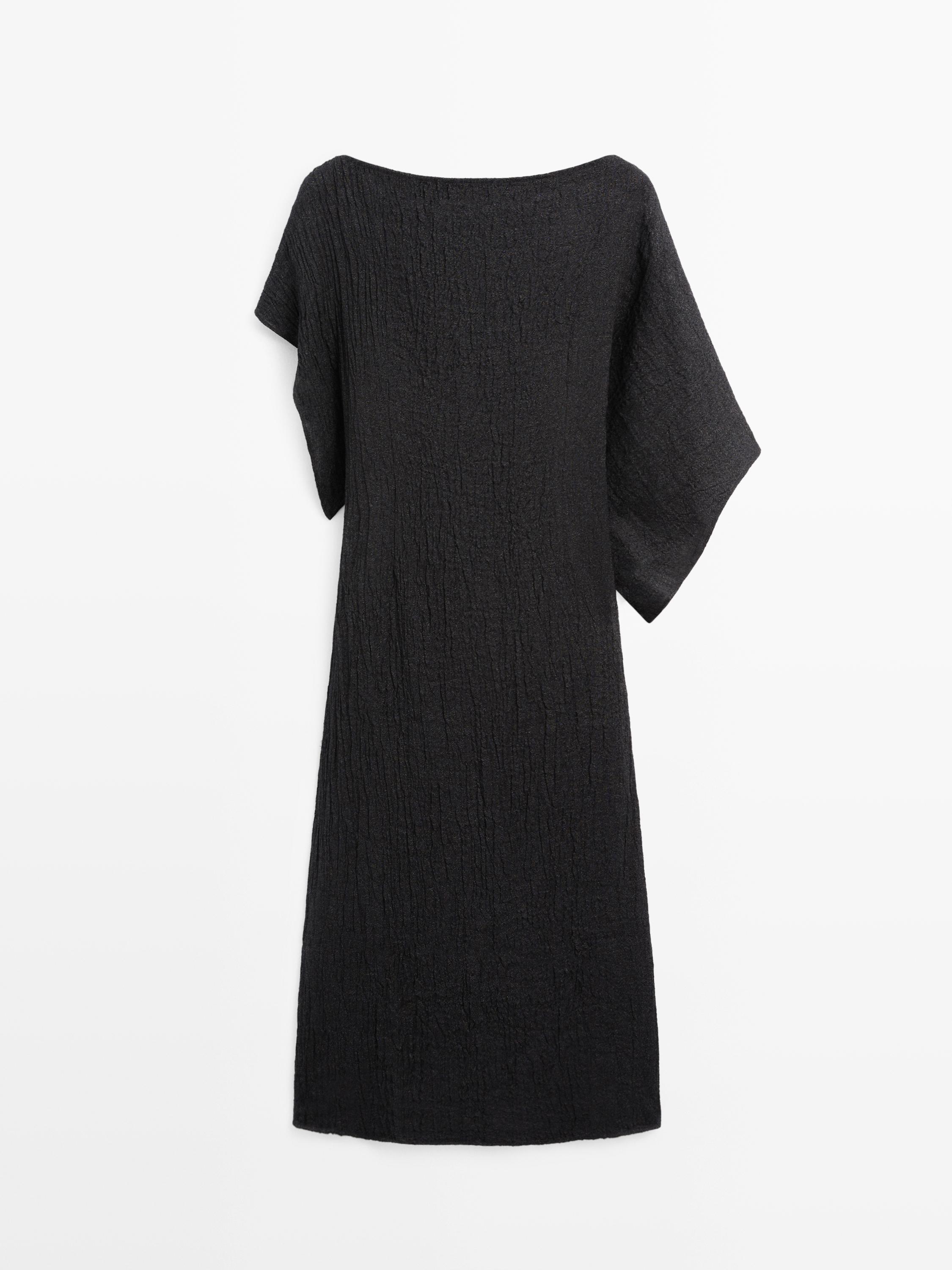 Linen midi dress with asymmetric sleeves